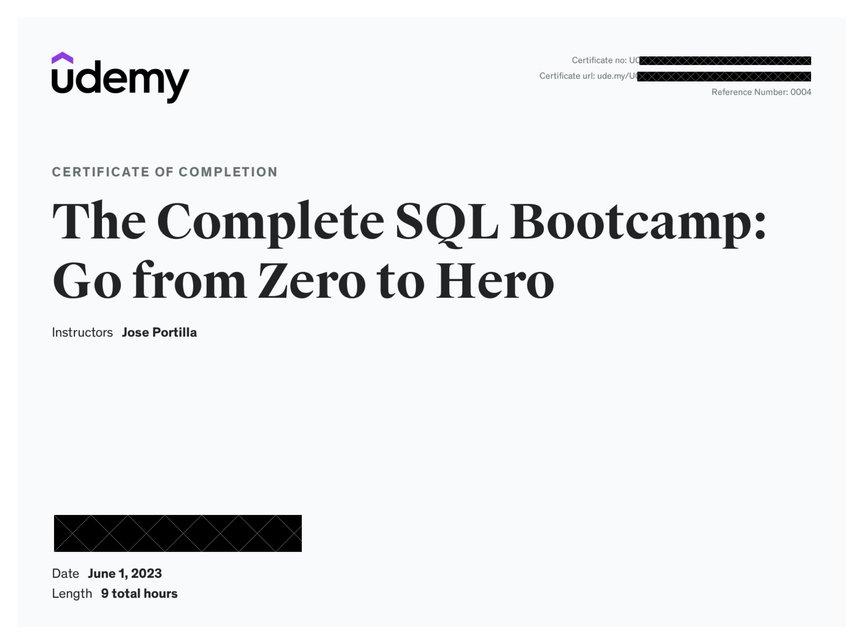 SQL Course Certificate